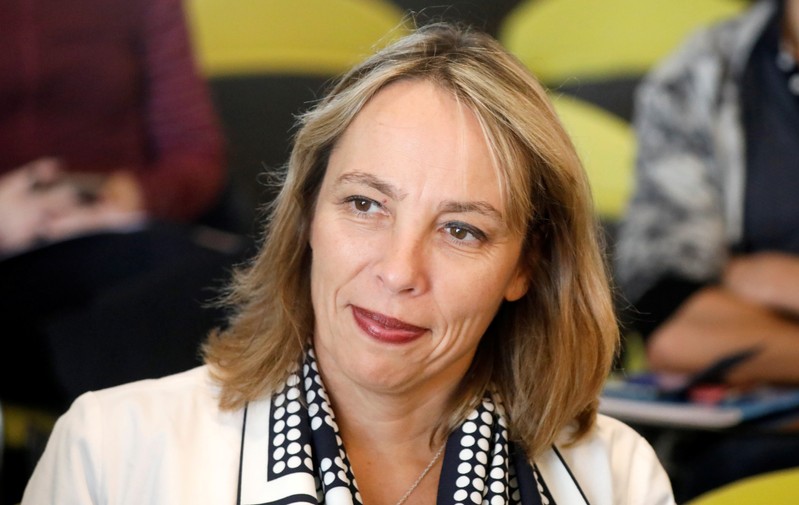 Newly-appointed interim CEO Clotilde Delbos attends a news conference at French carmaker
