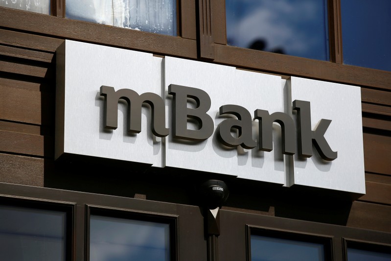 A logo of mBank, Poland's fourth-largest lender by assets, is pictured on the bank headquarters