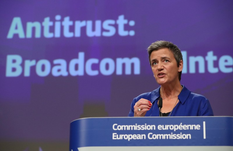 European Competition Commissioner Margrethe Vestager addresses a news conference on U.S.