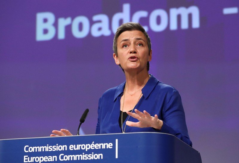 European Competition Commissioner Margrethe Vestager addresses a news conference on U.S.