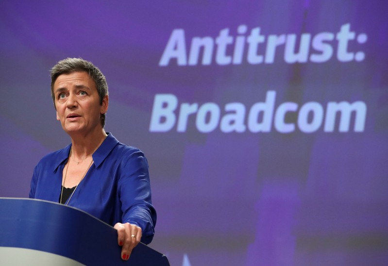 European Competition Commissioner Margrethe Vestager addresses a news conference on U.S.