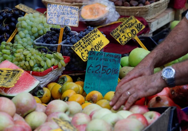 Fruits prices are seen at the market in downtown Rome as Italy's cabinet prepares to approve a