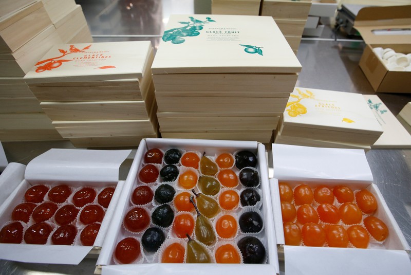 Boxes of glace fruits to export to London's upmarket department store Fortnum & Mason are seen