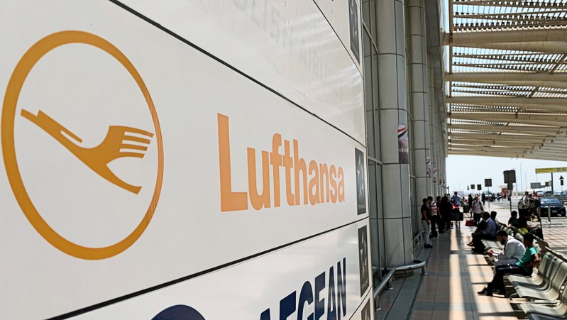 Deutsche Lufthansa sign is seen in front of the airport terminal at Cairo International Airport