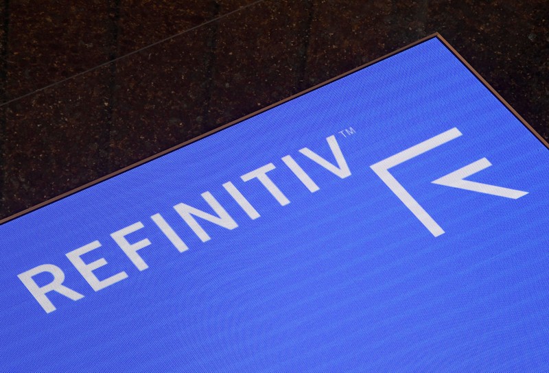 FILE PHOTO: The Refinitiv logo is seen on a screen in offices in Canary Wharf in London