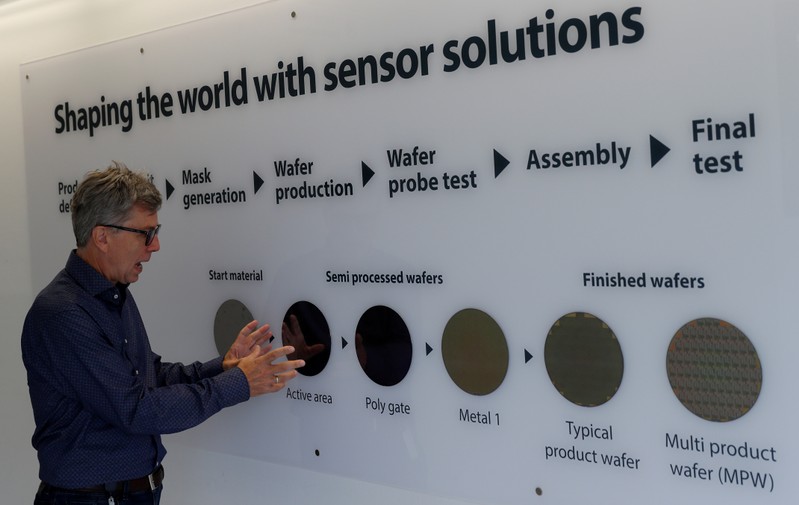 FILE PHOTO: An employee of Austrian sensor specialist AMS shows samples of sensor wafers in