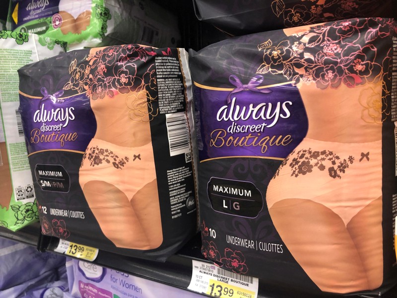 Adult diapers marketed as feminine and sexy are displayed in a grocery store in Chicago