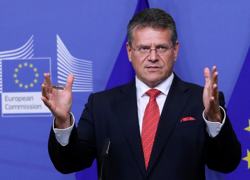 Vice President of the European Commission for the Energy Union Maros Sefcovic gestures as he