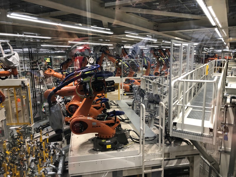 An automated body welding line for electric cars is seen at Volkswagen's Zwickau assembly plant