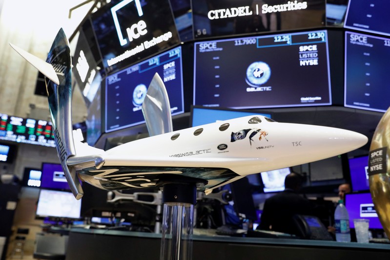 A model of a Virgin Galactic SpaceShipTwo is seen on floor of New York Stock Exchange as Virgin