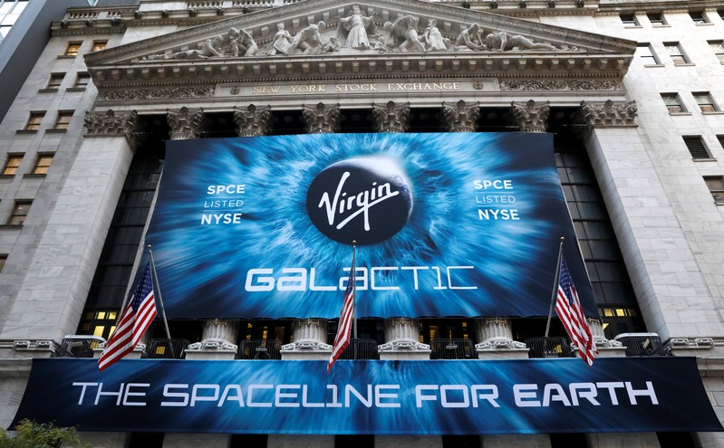 A banner hangs on the outside of the New York Stock Exchange (NYSE) ahead of Virgin Galactic
