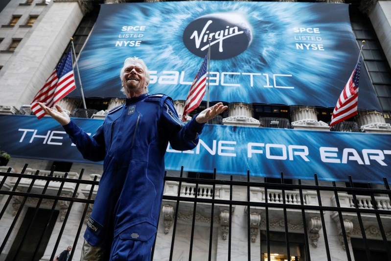 Sir Richard Branson stands outside the New York Stock Exchange (NYSE) ahead of Virgin Galactic