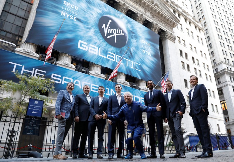 Sir Richard Branson stands outside the New York Stock Exchange (NYSE) ahead of Virgin Galactic