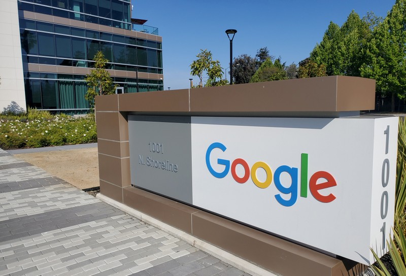 A sign is pictured outs a Google offcie near the company's headquarters in Mountain View,