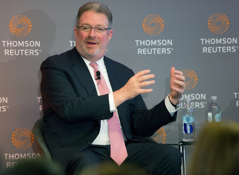 FILE PHOTO: Thomson Reuters Chief Executive Jim Smith speaks about the deal with Blackstone