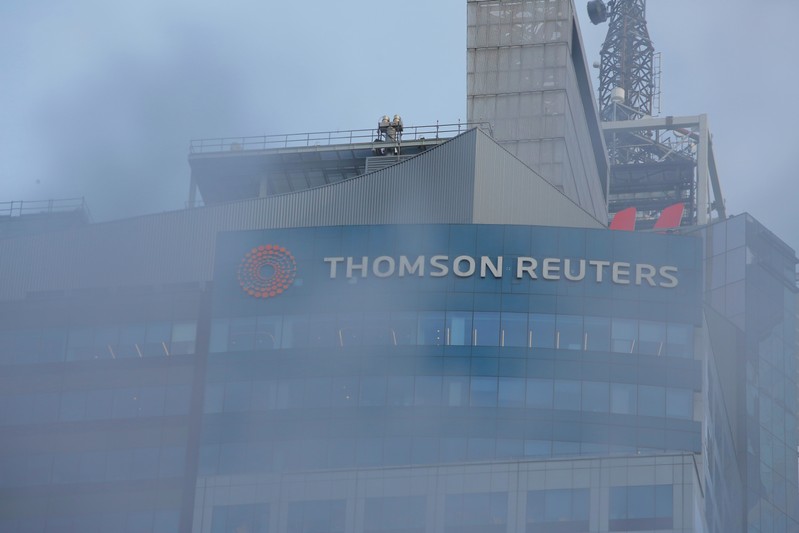 FILE PHOTO: The Thomson Reuters logo is seen on the company building in Times Square, New York.