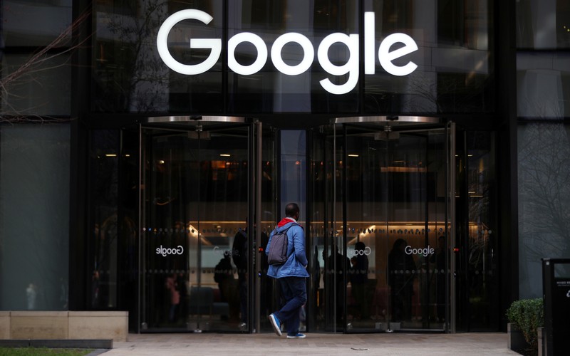 The Google logo is pictured at the entrance to the Google offices in London