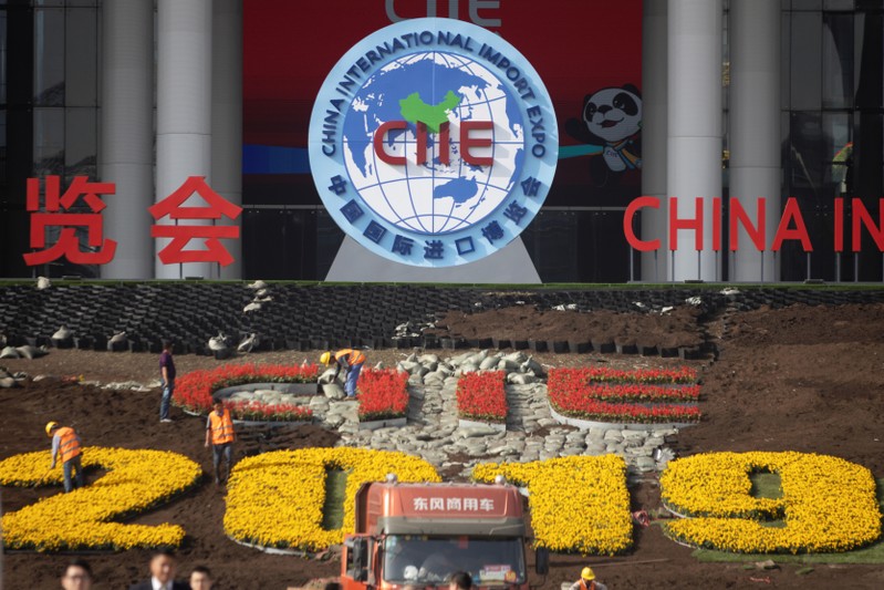 Workers set up the venue for the second China International Import Expo in Shanghai