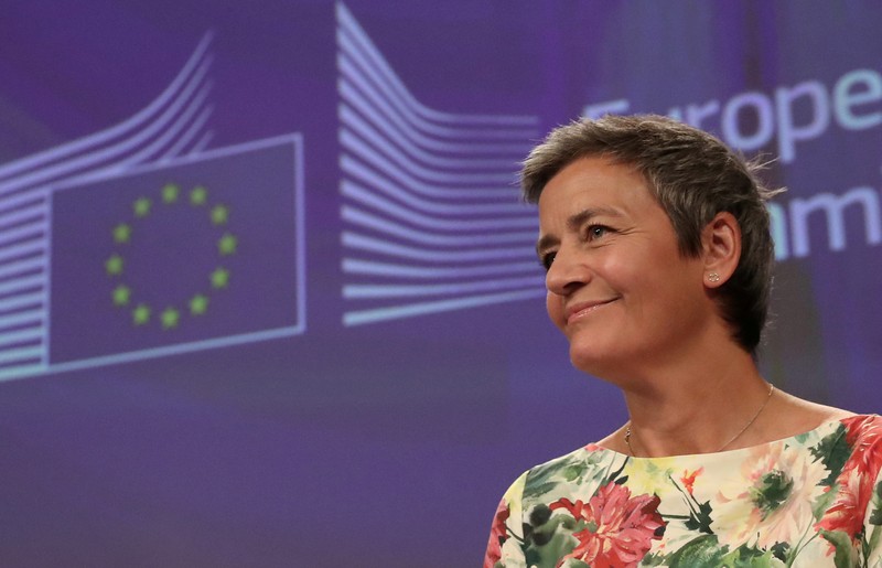 FILE PHOTO: European Competition Commissioner Margrethe Vestager addresses a news conference on