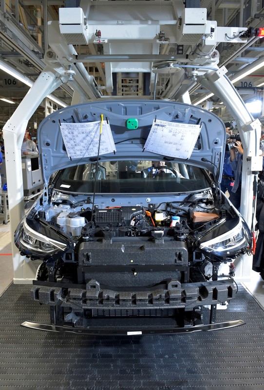 Partially assembled car is pictured at a production line of a a new electric Volkswagen model