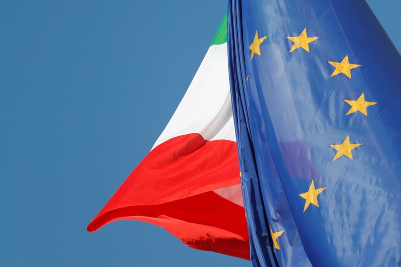 European Union and Italian flags are seen in downtown Rome