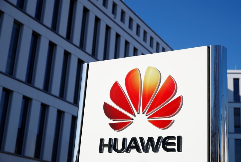 The logo of Huawei Technologies is pictured in front of the German headquarters of the Chinese