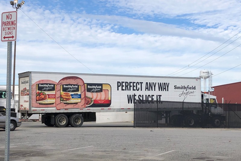 A truck arrives at Smithfield Foods' pork plant in Smithfield