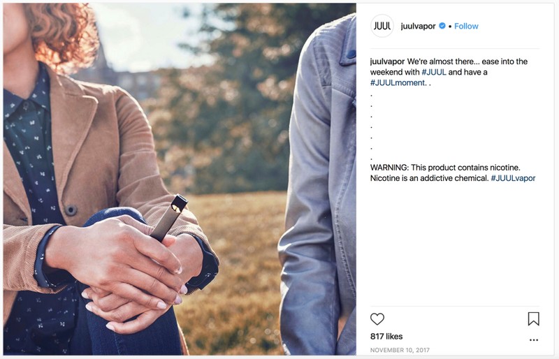 A screenshot shows a 2017 Instagram post advertising for Juul products