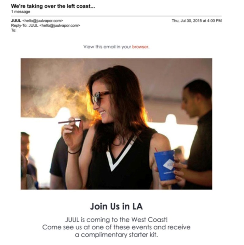 A screenshot shows 2015 email advertising for Juul products