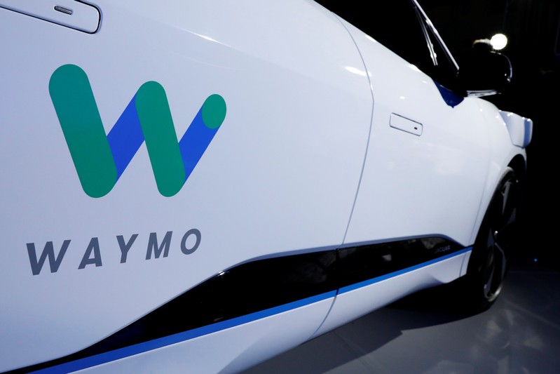 A Jaguar I-PACE self-driving car is pictured during its unveiling by Waymo in the Manhattan