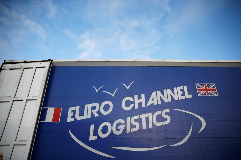 The logo of Euro Channel Logistics is seen on a trailer in Dieppe