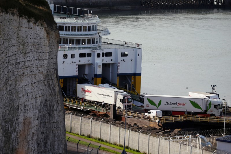 Trucks disembark from the ferry Cote d'Albatre in Dieppe harbour