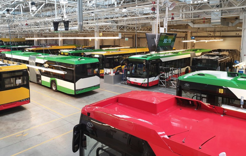 Buses pictured on the assembly line at the Solaris Bus & Coach plant in Bolechowo near Poznan,