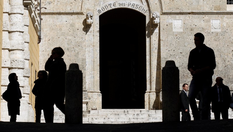 The main entrance of the Monte dei Paschi bank headquarters is seen in Siena