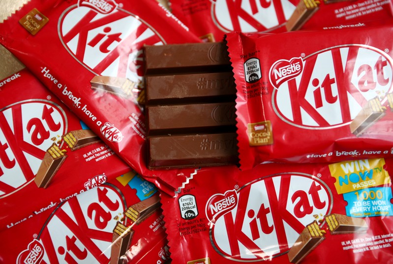 FILE PHOTO: Kit Kat chocolate covered wafer bars manufactured by Nestle are seen in London