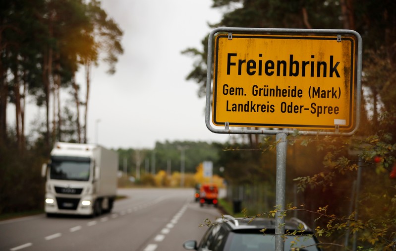 The town sign of Freienbrink district of Gruenheide is pictured near Berlin