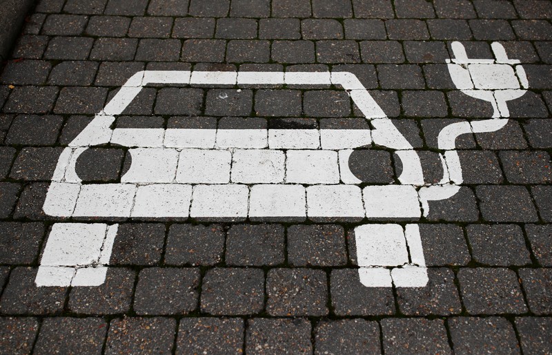 A parking sign for electric vehicles is pictured in Gruenheide