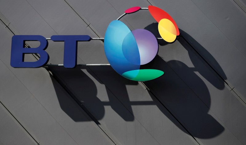 FILE PHOTO: A BT (British Telecom) company logo is pictured on the side of a convention centre