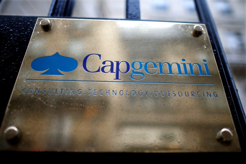 FILE PHOTO: The logo of Cap Gemini is seen at the entrance of the company headquarters in Paris