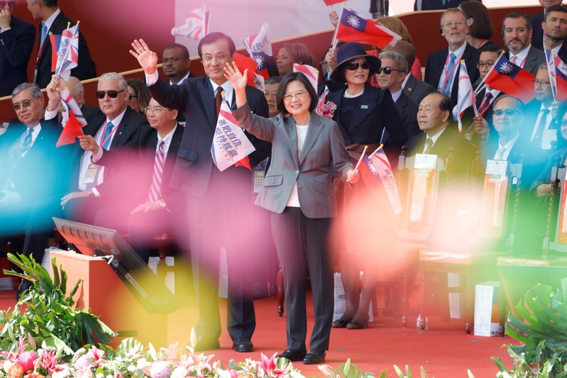 FILE PHOTO: Taiwan's President Tsai Ing-wen waves during Taiwan's National Day in Taipei