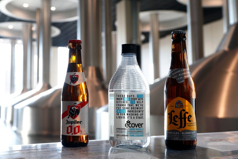 Bottles of non-alcoholic beer and dishwasher soap are pictured at Anheuser-Busch InBev brewery