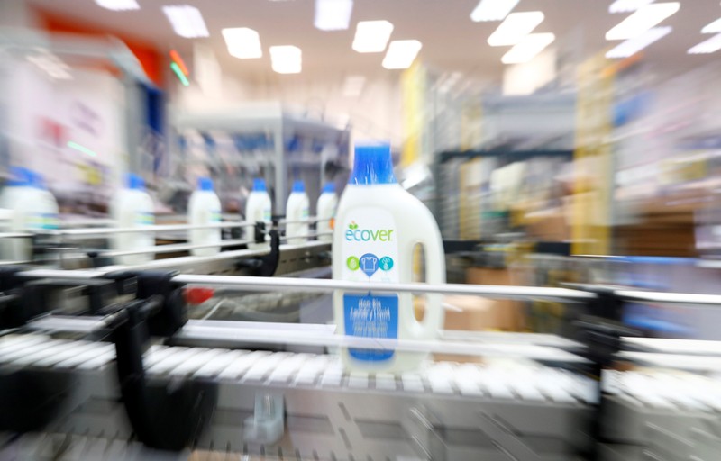 A bottle of cleaning liquid is seen on the production line at the Ecover factory in Malle