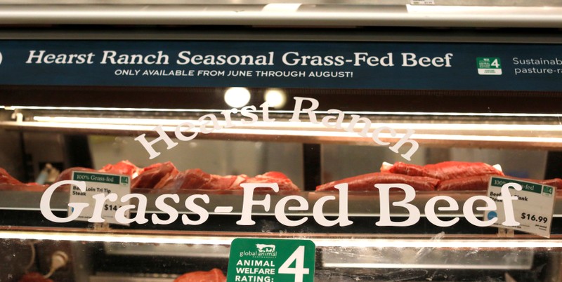 FILE PHOTO: Grass-fed beef products are pictured at a Whole Foods Market in Pasadena