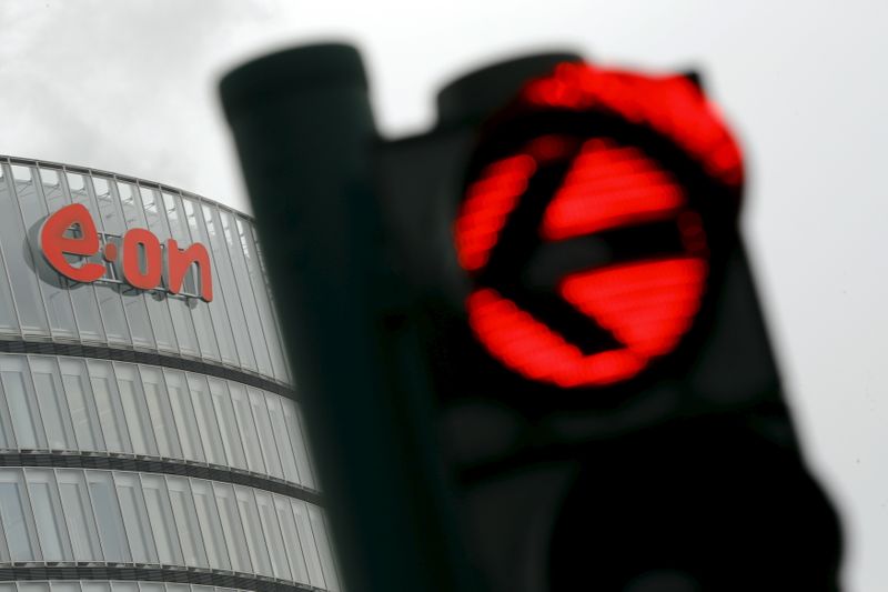 A traffic light is pictured outside the headquarters of E.ON Climate and Renewables in Essen