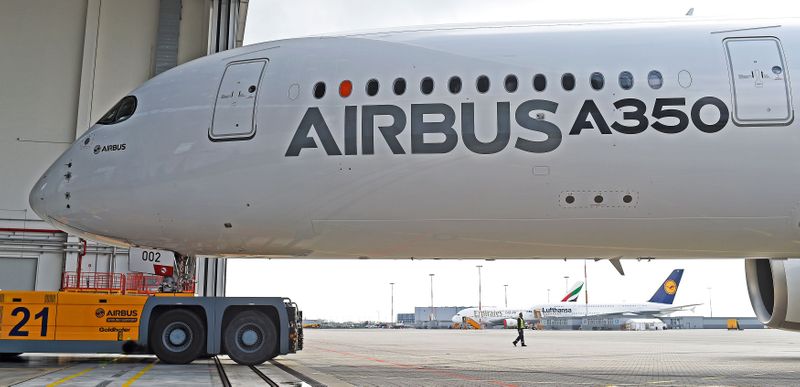 FILE PHOTO: An Airbus A350 XWB flight-test aircraft is towed during a media-day at the German