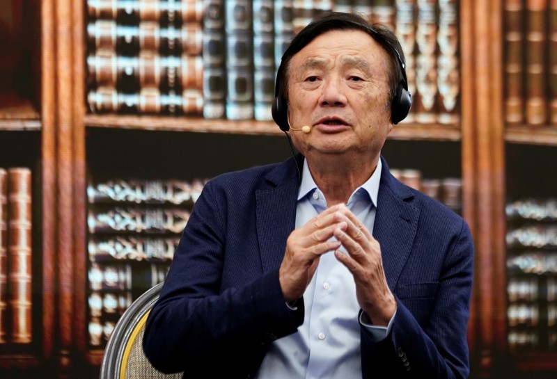 Huawei founder Ren Zhengfei attends a panel discussion at the company headquarters in Shenzhen