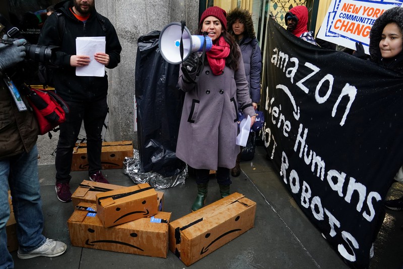 A rally against Amazon and their business practices in the Manhattan borough of New York City