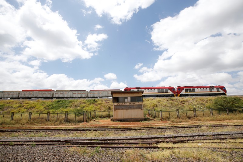 An SGR cargo train transferring containers passes near the town of Sultan Hamud