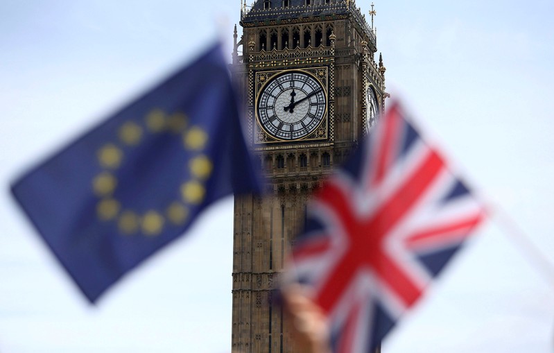 FILE PHOTO: Participants hold a British Union flag and an EU flag during a pro-EU referendum
