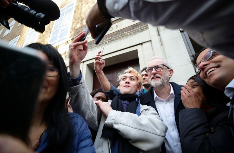 Britain's opposition Labour Party leader Jeremy Corbyn speaks outside University of London, in